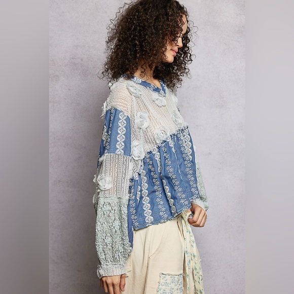 POL Blue Denim and Cream Lace Blouse - Picture 3 of 4